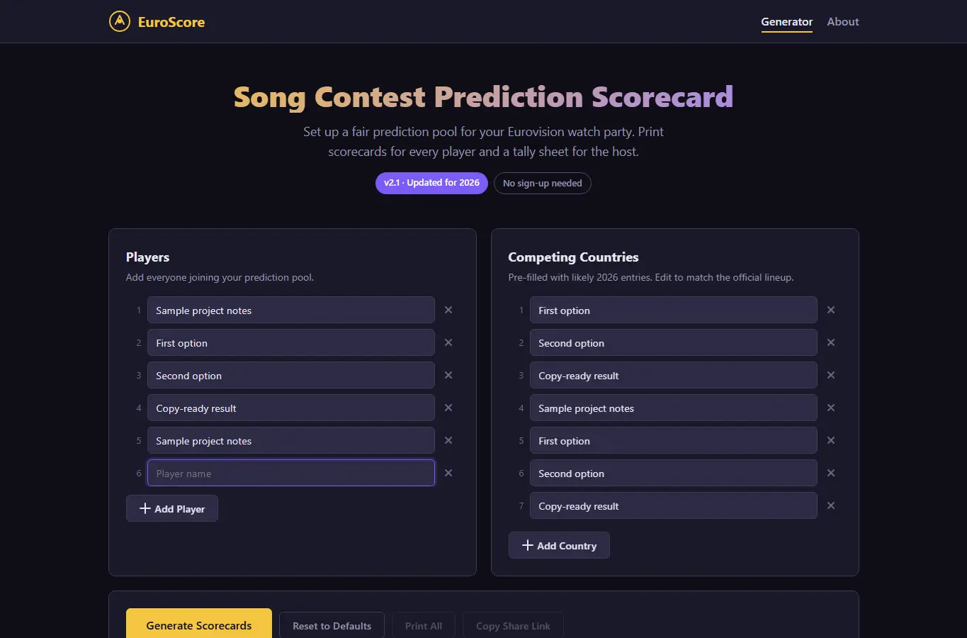 Screenshot of EuroScore: Song Contest Prediction Scorecard interface showing the project page in use